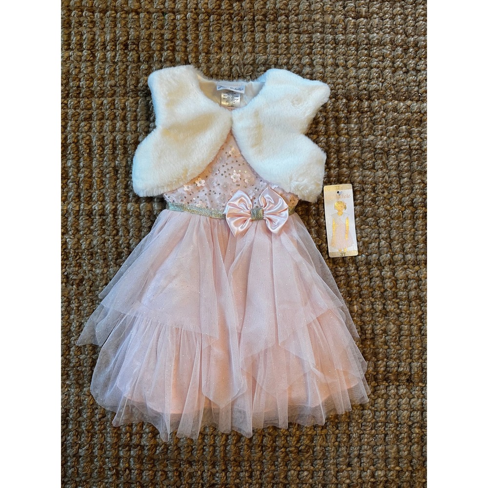 Jona Michelle Girls 3T Pink Sparkle Tulle Dress Faux Fur Shrug Set Formal‎ Party